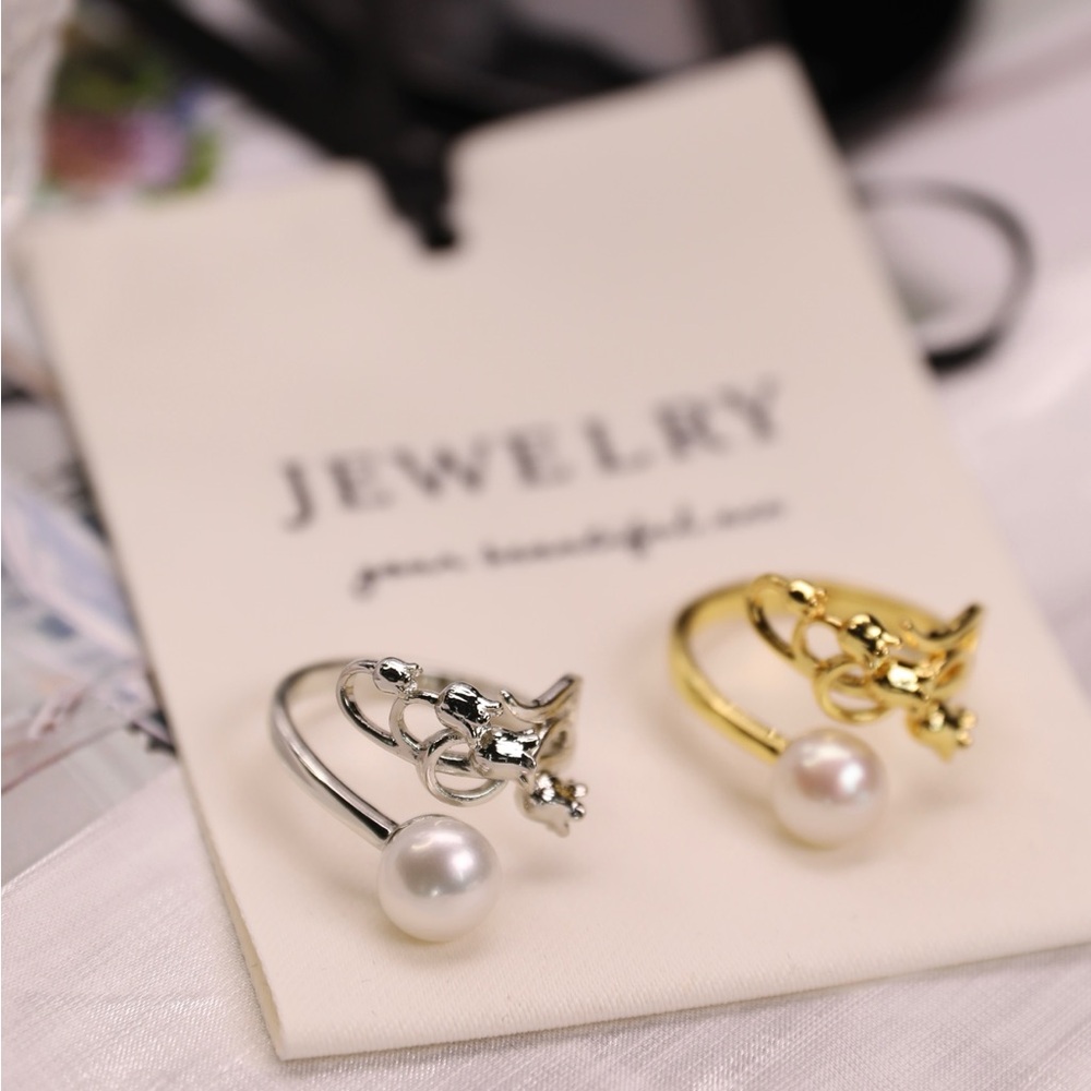 Elegant Gold and Silver Lily of the valley Pearl Rings - Picture 2 of 16